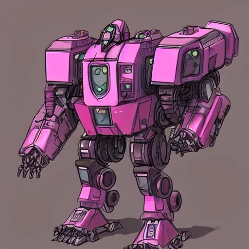 Image similar to concept art of an heavy warmech, pink and cute mech, canons and railguns, photoshop, trending on artstation by alex ichim and evan leep and salvatorre yazzie, # mechanical design, # mecha, # digital 2 d, # character design
