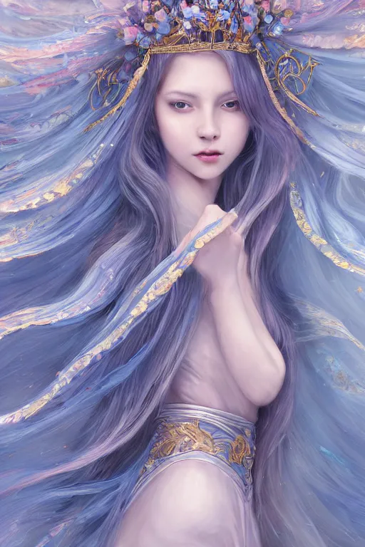 Image similar to breathtaking detailed soft painting of a knight queen with long flowing blue hair, pastel flower petals flying, art by pilyeon, yuumei art, symmetrical facial features, at dawn in front of a pristine golden art nouveau cathedral, elegant, volumetric lighting, highly detailed, artstation, concept art, matte, sharp focus,