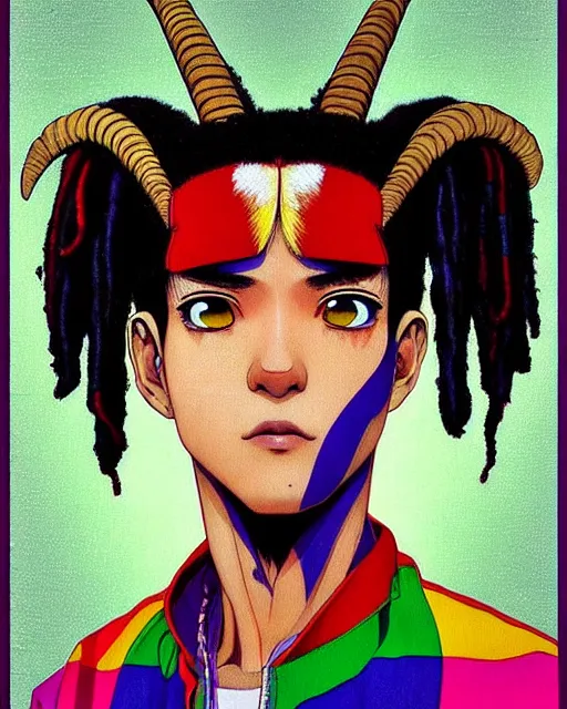 Image similar to portrait Anime 1984 Rasta Goat Goat wearing-rasta-clothes Soft fine face pretty face, realistic shaded Perfect face, fine details. Anime. background: Los-Angeles San-Francisco; hyperrealistic by Ilya Kuvshinov katsuhiro otomo ghost-in-the-shell, magali villeneuve, artgerm, rutkowski Jeremy Lipkin and Giuseppe Dangelico Pino and Michael Garmash and Rob Rey