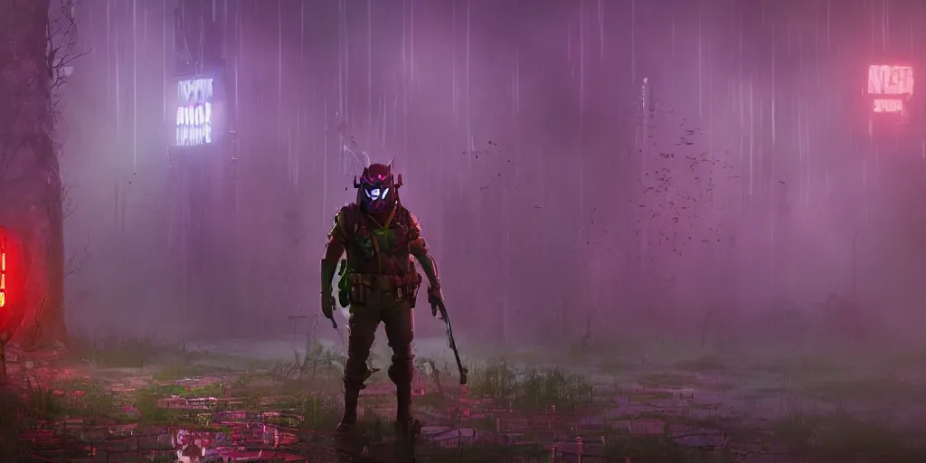 Image similar to inside of strange misty swamp landscape a gamekeeper wearing a steampunk and cyberpunk mechanical fluorescent mystical animal mask and red hood. in style of fornite game. night fog,, beautiful render, octane render