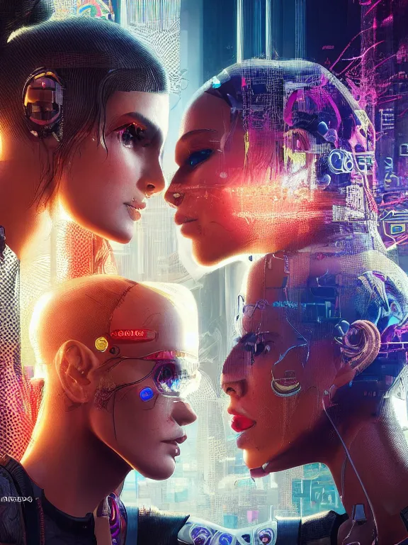 Image similar to a complex cyberpunk 2077 concept art ultra detailed of two veiled perfect human face female android queens praying together with lots of electric cable behind them connected to giant computer,bowknot, fine lace, GUCCI, sparkling, jewel embellishment, film lighting, by Andrei Riabovitchev,Stanely Artgerm, Tom Bagshaw, Andrei Riabovitchev, aaron horkey, trending on pinterest, full of color, mythological, high detailed,golden ratio,cinematic lighting