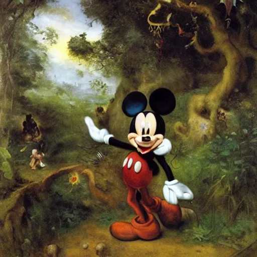 Prompt: mickey mouse entering the garden of eden, oil painting by jan matejko, masterpiece