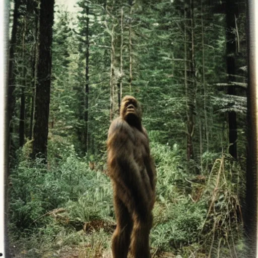 Image similar to a polaroid photo capturing bigfoot in the forest