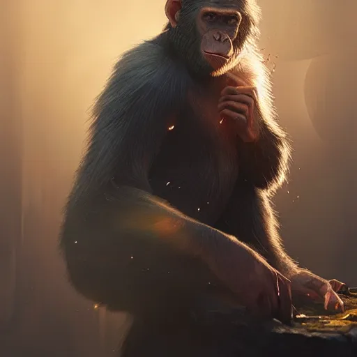 Image similar to Bored ape magician casting bright magic light spell, D&D, fantasy, cinematic lighting, highly detailed, digital painting, artstation, concept art, smooth, sharp focus, illustration, volumetric lighting, 8k, art by Akihiko Yoshida and Greg Rutkowski