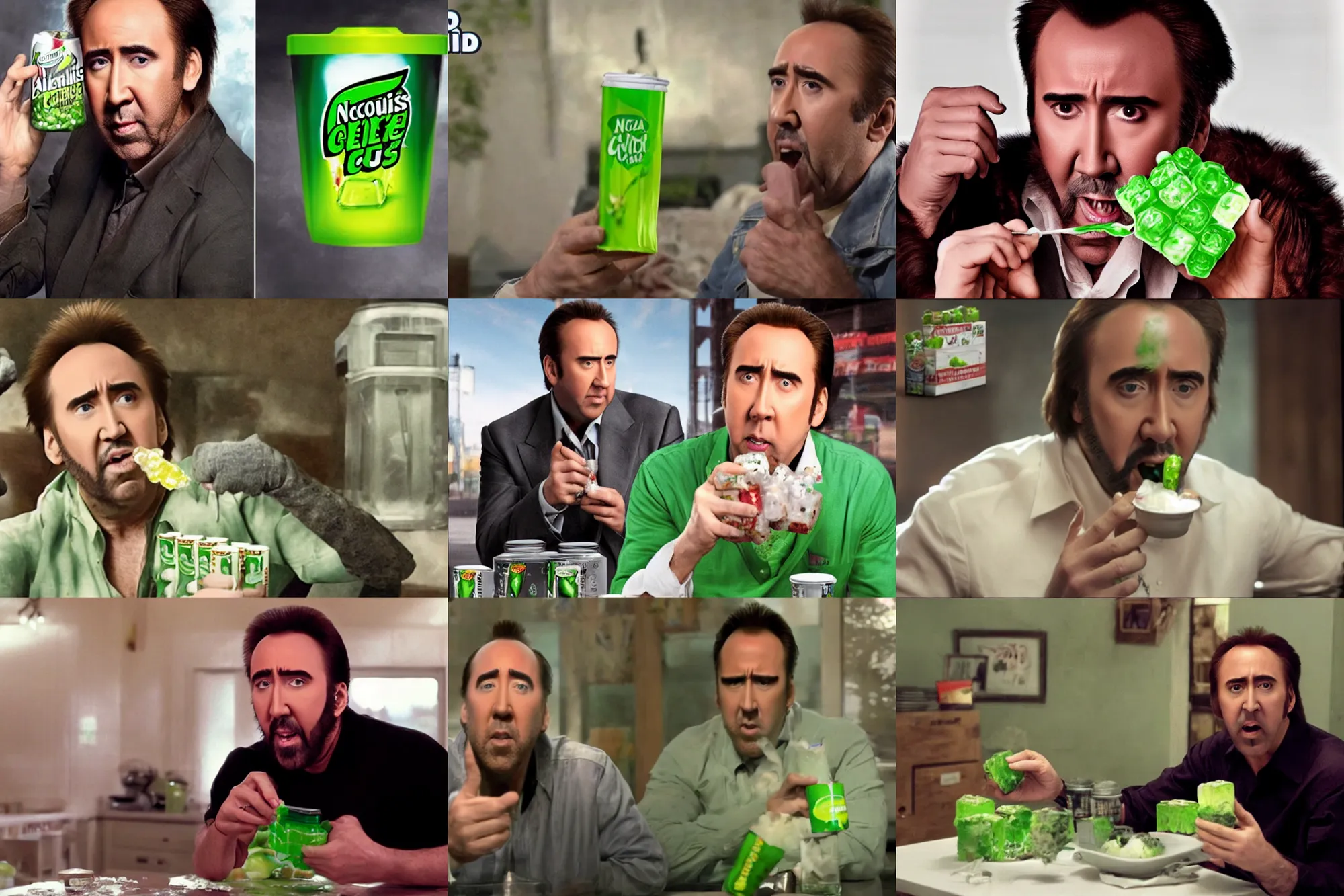 Prompt: nicolas cage eating gelatinous mountain dew cubes, commercial advertisement