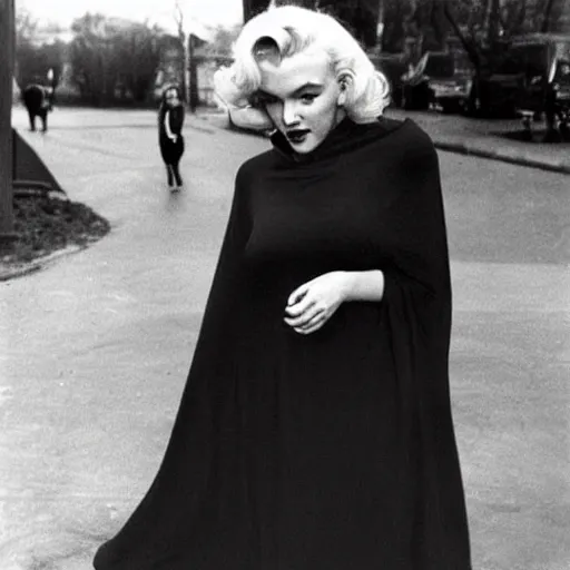 Image similar to marilyn monroe wearing a dark hooded cloak