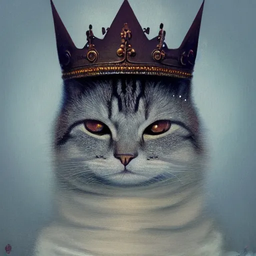 Prompt: ultra realist soft painting of a nuclear bomb explosion, a humanoid cat king with a crown, partial symmetry accurate features, very intricate details, focus, curvy, award winning, artstyle tom bagshaw