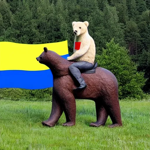 Image similar to Putin riding a bear with a Ukrainian flag