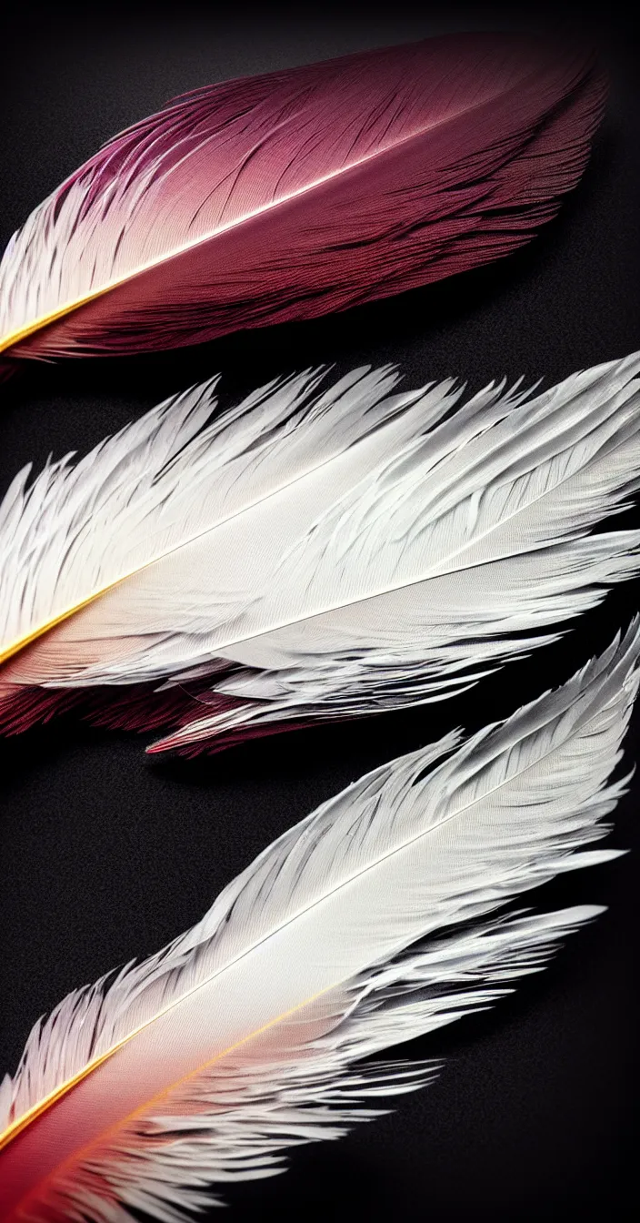 Prompt: realistic photo of one minimal feather in center, high colored texture, dark smooth background, very sharp focus, 3 d octane render, in the style of greg rutswoski, very hyper realistic, highly detailed, fantasy art station