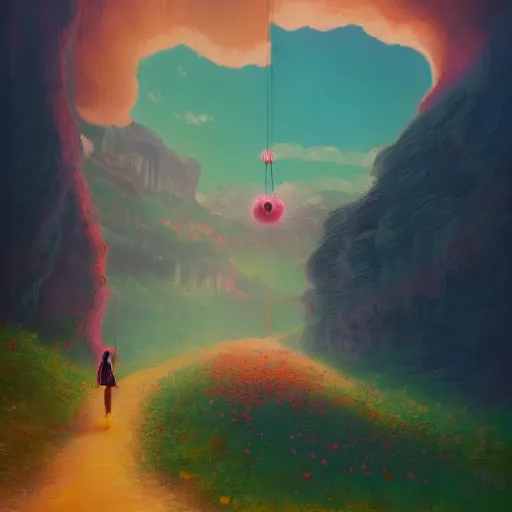 Prompt: giant cherry flower as a head, girl walking in a canyon, surreal photography, sunrise, dramatic light, impressionist painting, colorful clouds, digital painting, artstation, simon stalenhag