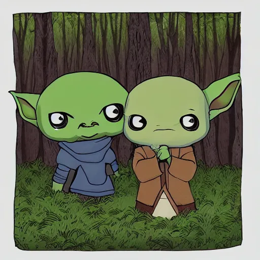 Prompt: baby yoda and baby groot in a forest