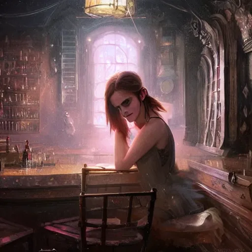 Image similar to highly detailed painting of emma watson drunk in a club, stephen bliss, 8 k, by greg rutkowski, loish, rhads, artgerm, ferdinand knab, makoto shinkai and lois van baarle, ilya kuvshinov, rossdraws, global illumination, radiant light, detailed and intricate environment