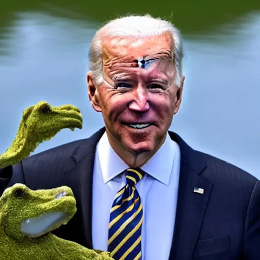 Prompt: joe biden rising out of swamp water with a knife