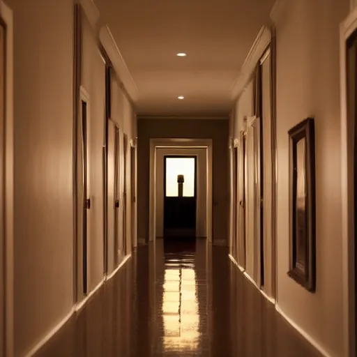 Prompt: photo of a candle lit hallway