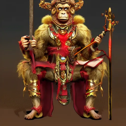 Image similar to monkey king godly lord of monkeys, wearing a crown, holding a staff, sitting in throne, dark lighting, dim lightning, red eyes, gothic dark style 8 k render high detail