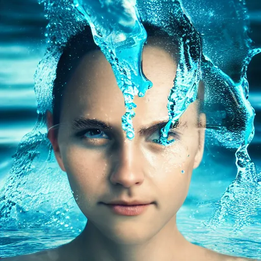 Image similar to water artwork manipulation in the shape of a human head, on the ocean water, futuristic, jelly, gradient, hyper realistic, ray tracing, realistic water, sharp focus, long shot, 8 k resolution, cinematic, photoshop water art