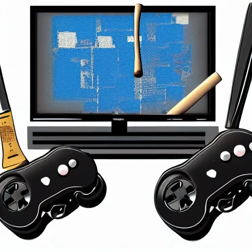 Image similar to destroyed game controller next to a broken tv and a baseball bat
