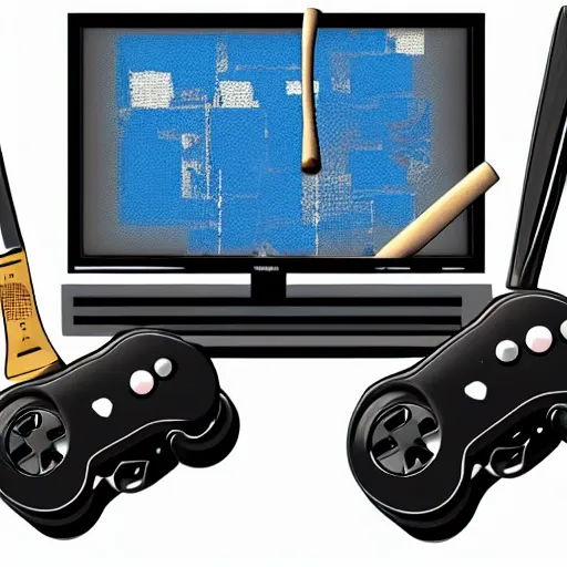 Prompt: destroyed game controller next to a broken tv and a baseball bat