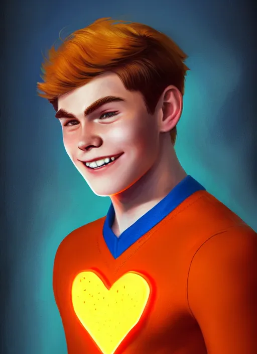 Image similar to friendly teenage archie andrews wearing an orange superhero costume with heart logo, heart, freckles, blue cape, heart emblem on chest, blue cape, intricate, elegant, glowing lights, highly detailed, digital painting, artstation, sharp focus, illustration, art by wlop, mars ravelo and greg rutkowski