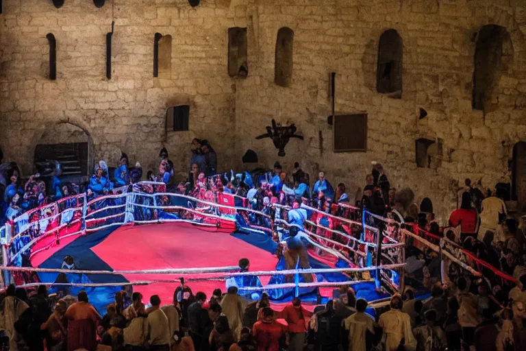 Image similar to boxing ring in medieval castle, knights and jesters gathered around, dslr photo, national geographic, live footage