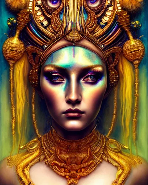 Image similar to hyperrealistic detailed portrait of a beautiful goddess in an iridescent - gold ornamental headdress, intricate cyberpunk make - up, golden face tattoos, art by android jones, john william godward, nekro borja, gothic - cyberpunk, beautiful deep colours,