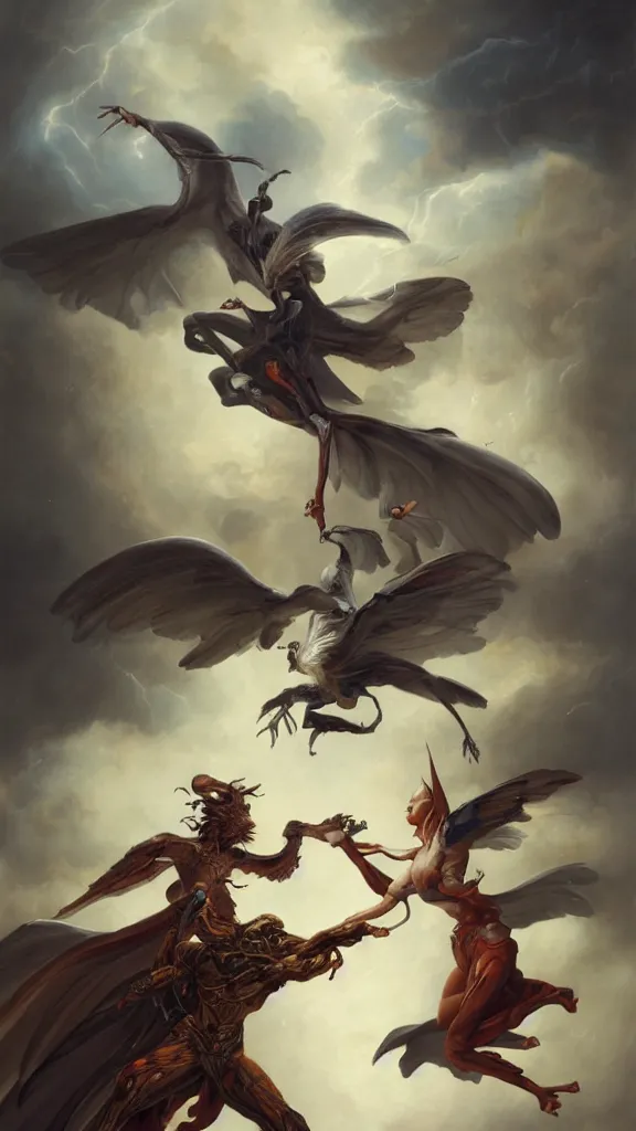 Prompt: an anatomical oil painting of a Harpy battling a knight from a medical journal by Peter Mohrbacher and Julie Bell, highly detailed, high detail, 8k, storm clouds, birds, dramatic lighting