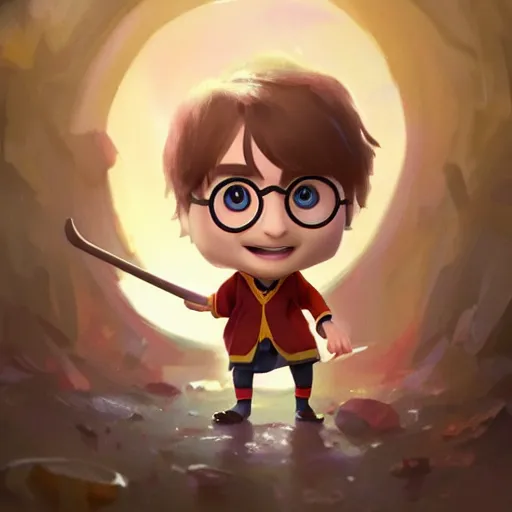 Image similar to a wholesome animation key shot of a cute chibi harry potter student, colorful, pixar and disney animation, sharp, very detailed, high resolution, key art by greg rutkowski, bloom, dramatic lighting