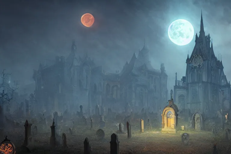 Image similar to an ultra detailed animation of a graveyard at midnight on halloween, digital art, dark fantasy, concept art, soulslike, by alphonse mucha, blood moon eclipse, ruined building in the background, artstation, 8 k, unreal engine render