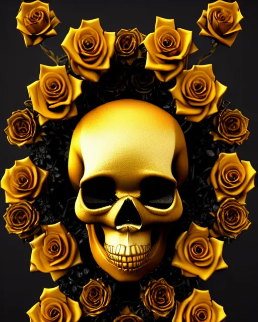 Image similar to detailed 3 d cycles render of a black dark skull skeleton with golden roses growing out of ribcage darkly elegant digital skull art by billelis and beeple