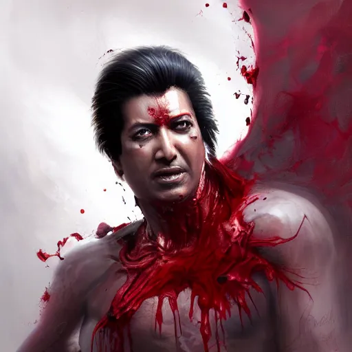 Image similar to portrait of rajesh hamal upper body in bloody business suit, blood red eyes, vampire fangs, fantasy, intricate, elegant, highly detailed, digital painting, artstation, concept art, matte, sharp focus, illustration, art by aenaluck and roberto ferri and greg rutkowski, epic fantasy, digital painting