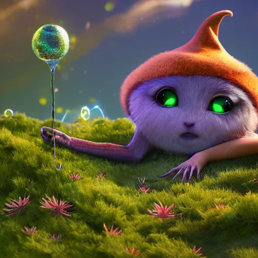 Image similar to tiny witch, vegetation, expressive eyes, floating, rbc, radiolaria, protophyta, micro - organisms, center frame, symmetric, rim light, marine microbiology, bioluminescence, electric, fur, soft, concept art, intricate details, highly detailed, colorful, photorealistic, disney pixar, octane render, iridescent, anime, 8 k