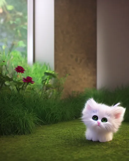 Prompt: cute fluffy kitten looking into the camera, big eyes, 3 d render, pixar style, octane render, very detailed
