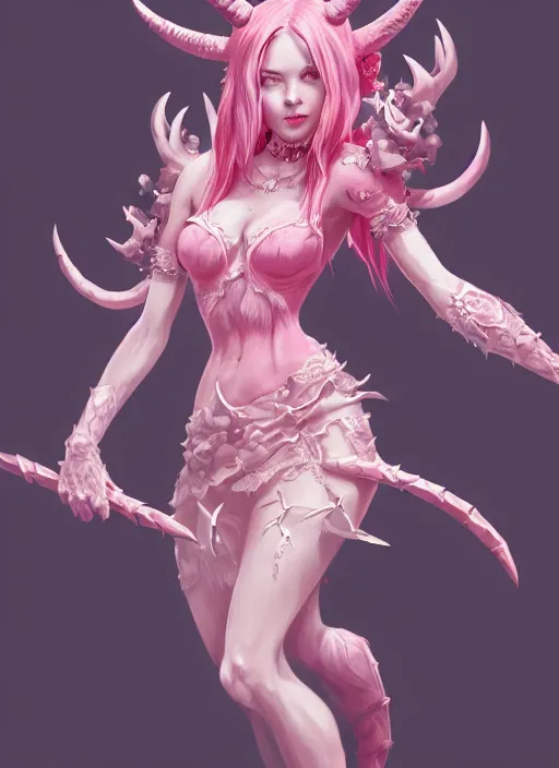 Prompt: a highly detailed illustration of cute pink haired pale demon girl with horns wearing pink dress wielding claws, dramatic claw pose, intricate, elegant, highly detailed, centered, digital painting, artstation, concept art, smooth, sharp focus, league of legends concept art, wlop.