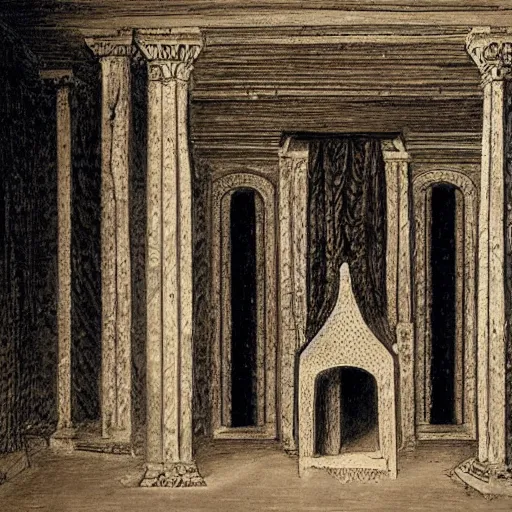 Image similar to ruins of a medieval throne room with all seats replaced by people encased in crystal, perspective from the entrance, dark, handdrawn