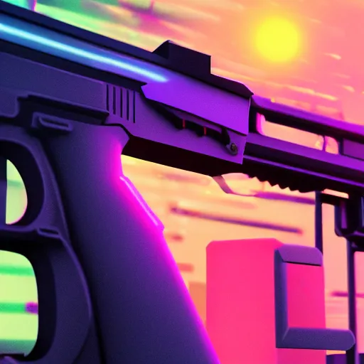 Image similar to synthwave neon gun, sharp focus, synthwave art, aesthetic, octane render, raw, cinematic