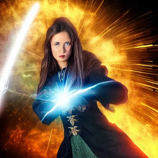 Image similar to a female fantasy wizard shooting a beam of energy at an object off screen, eyes serious cool look,