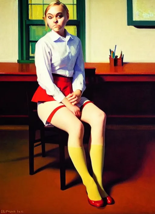 Prompt: oil painting of annasophia robb in a learning uniform, stockings, teaching you a lesson by Bryan Lee O'Malley, Edward Hopper, Francis Bacon