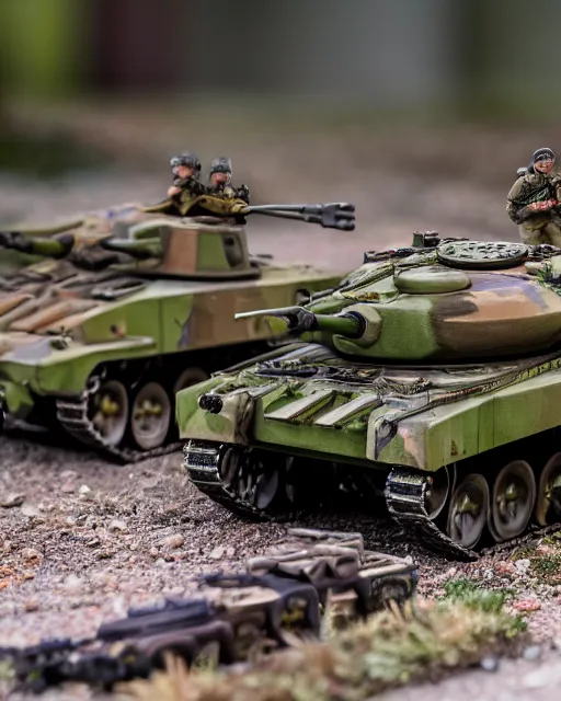 Prompt: high quality presentation photo of a detailed miniature diorama of a tank battle with miniature soldiers, photography 4k, f1.8 anamorphic, bokeh, 4k, Canon, Nikon