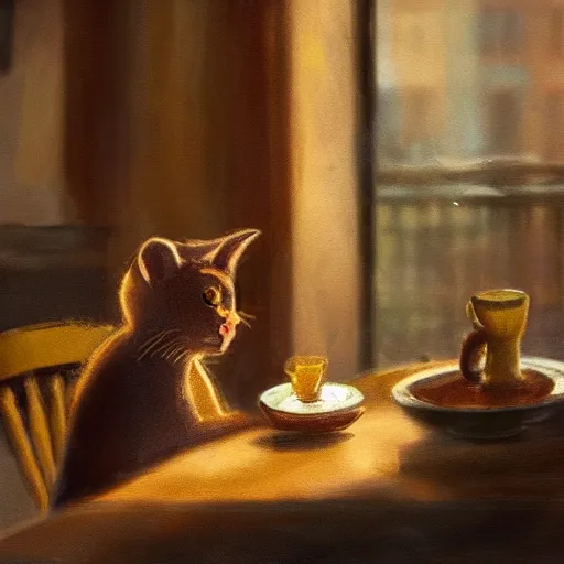 Image similar to brown cat with yellow eyes is sitting at table in a cafe at paris in early 2 0 th century. it is licking milk from little saucer, atmospheric feeling, warm colours, brown colours, yellow colours, epic scene, cinematic, very detailed, concept art, trensing on artstation