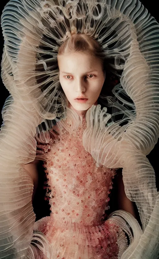 Image similar to Fashion photography of a woman wearing a Gucci dress inspired by a jellyfish, artistic photography, insanely detailed, chiaroscuro, cinestill 800t, Vogue magazine