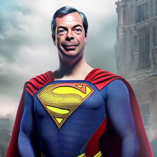 Image similar to Portrait of Nigel Farage as superman, heroic, amazing splashscreen artwork, splash art, head slightly tilted, natural light, elegant, intricate, fantasy, atmospheric lighting, cinematic, matte painting, detailed face, by Greg rutkowski