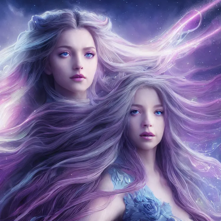 Image similar to beautiful cinematic fantasy poster, a long shot of a beautiful princess like a disney princess hybrid with flowing illuminated hair, beautiful glowing galaxy eyes, full subject in frame, wideshot ultrawide angle epic scale, hybrid from The Elden Ring and art direction by Darius Zawadzki ;by artgerm; wayne reynolds art station, coherent body and limbs; cinematic quality character render; low angle; ultra high quality model; production quality cinema model;