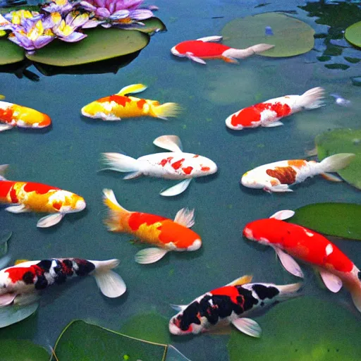 Image similar to seven koi fish in a pond with lily pads