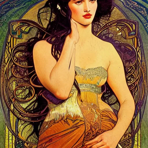 Prompt: a closeup portrait of a young megan fox, art nouveau, jugendstil, decorative background, spirals, painted by alphonse mucha