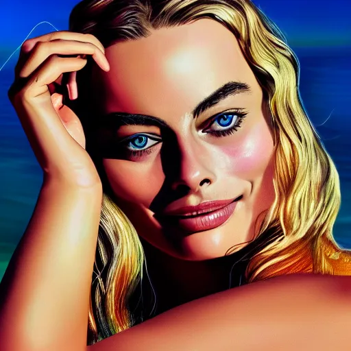 Image similar to a portrait of margot robbie holding a coctail on the beach, beautiful face, highly detailed, digital art