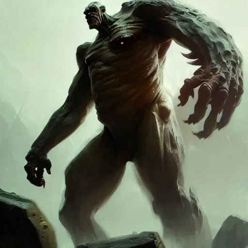 Image similar to giant humanoid monster, sharp focus, illustration, highly detailed, digital painting, concept art, matte, art by ruan jia and wlop and greg rutkowski, masterpiece