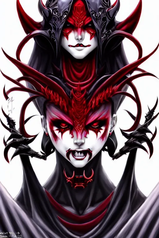 Image similar to one beautiful demon queen woman only, evil grin, manga style only, black white and red colors only, symmetrical face, symmetrical full body, demonic, cinematic, powerful, super detailed and intricate, hyper realistic, 4 k render, by artgerm, by kyoung hwan kim, by ralph mcquarrie, by yoshiyuki tomino