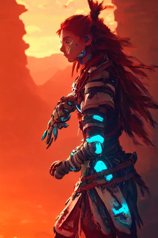 Image similar to combination suit armor aloy horizon forbidden west horizon zero dawn radiating a glowing aura global illumination ray tracing hdr fanart arstation by ian pesty and alena aenami artworks in 4 k tribal robot ninja mask helmet backpack