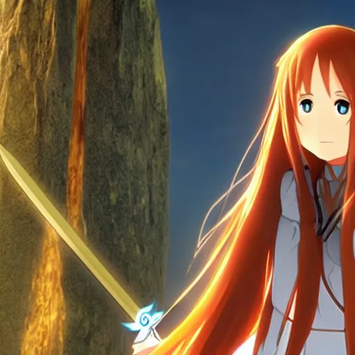 Image similar to “asuna discovering a giant monolith of eyes, Sword art online, 8K, OLED, beautiful lighting”