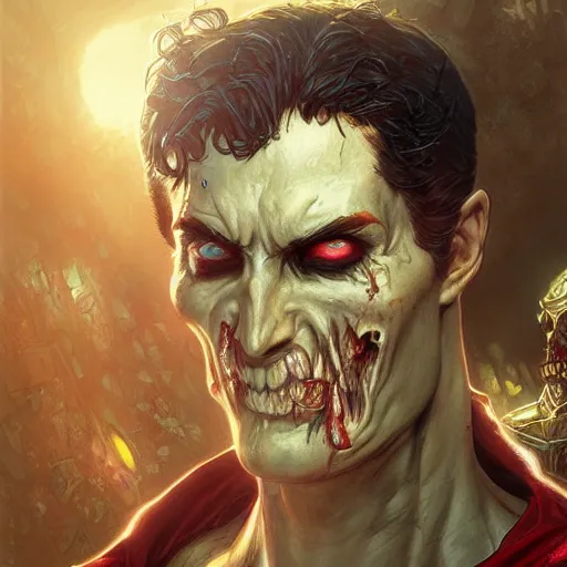 Prompt: zombie Superman, artists portrait, fantasy, highly detailed, digital painting, concept art, sharp focus, depth of field blur, illustration, art by artgerm and greg rutkowski and alphonse mucha